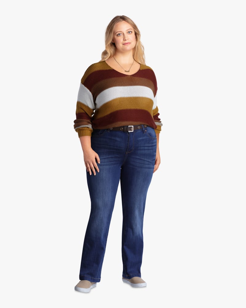 Plus size model with hourglass body shape wearing London Long-Sleeve Striped Sweater by Downing Studio | Dia&Co | dia_product_style_image_id:113498